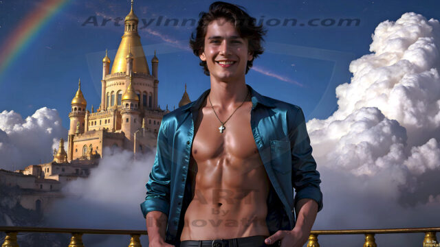 The Beautiful Young Men of the Golden City, is a collection of AI generated images of sexy, glamorous, handsome guys in the heavens. In this fantasy photograph of a young men in their late teens and 20's, overlooking a large golden city in the heavens. Generated to be as realistic as possible, in this this fantasy setting, with todays technology. Wearing jeans, an unbuttoned, vibrant, long-sleeve, button down shirt. The subject is enjoying a beautiful day outdoors. The mystical, galactic landscape, and the vibrant cosmic canopies, every detail, from the texture of the clouds, to the magnificent, majestic gothic architecture of the golden city, is crafted to create an atmosphere of reverence and divine glory. With a breathtaking scene, offering warm golden hour lighting. The heavenly landscape evokes a sense of freedom and tranquility, that is expresses through his facial features and smile, as day turns to night. The heavenly landscape evokes a sense of mysterious black space and light, with a vast galaxy that almost covers the image, the stars and constellations sparkle bright, in dark blue sky.