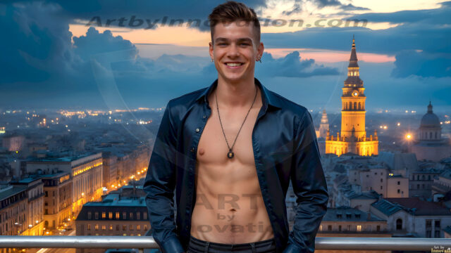The Beautiful Young Men of the Golden City, is a collection of AI generated images of sexy, glamorous, handsome guys in the heavens. In this fantasy photograph of a young men in their late teens and 20's, overlooking a large golden city in the heavens. Generated to be as realistic as possible, in this this fantasy setting, with todays technology. Wearing jeans, an unbuttoned, vibrant, long-sleeve, button down shirt. The subject is enjoying a beautiful day outdoors. The mystical, galactic landscape, and the vibrant cosmic canopies, every detail, from the texture of the clouds, to the magnificent, majestic gothic architecture of the golden city, is crafted to create an atmosphere of reverence and divine glory. With a breathtaking scene, offering warm golden hour lighting. The heavenly landscape evokes a sense of freedom and tranquility, that is expresses through his facial features and smile, as day turns to night. The heavenly landscape evokes a sense of mysterious black space and light, with a vast galaxy that almost covers the image, the stars and constellations sparkle bright, in dark blue sky.