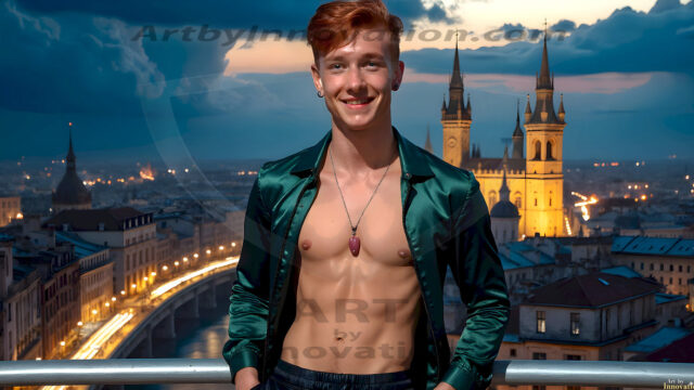 The Beautiful Young Men of the Golden City, is a collection of AI generated images of sexy, glamorous, handsome guys in the heavens. In this fantasy photograph of a young men in their late teens and 20's, overlooking a large golden city in the heavens. Generated to be as realistic as possible, in this this fantasy setting, with todays technology. Wearing jeans, an unbuttoned, vibrant, long-sleeve, button down shirt. The subject is enjoying a beautiful day outdoors. The mystical, galactic landscape, and the vibrant cosmic canopies, every detail, from the texture of the clouds, to the magnificent, majestic gothic architecture of the golden city, is crafted to create an atmosphere of reverence and divine glory. With a breathtaking scene, offering warm golden hour lighting. The heavenly landscape evokes a sense of freedom and tranquility, that is expresses through his facial features and smile, as day turns to night. The heavenly landscape evokes a sense of mysterious black space and light, with a vast galaxy that almost covers the image, the stars and constellations sparkle bright, in dark blue sky.