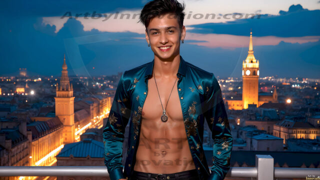 The Beautiful Young Men of the Golden City, is a collection of AI generated images of sexy, glamorous, handsome guys in the heavens. In this fantasy photograph of a young men in their late teens and 20's, overlooking a large golden city in the heavens. Generated to be as realistic as possible, in this this fantasy setting, with todays technology. Wearing jeans, an unbuttoned, vibrant, long-sleeve, button down shirt. The subject is enjoying a beautiful day outdoors. The mystical, galactic landscape, and the vibrant cosmic canopies, every detail, from the texture of the clouds, to the magnificent, majestic gothic architecture of the golden city, is crafted to create an atmosphere of reverence and divine glory. With a breathtaking scene, offering warm golden hour lighting. The heavenly landscape evokes a sense of freedom and tranquility, that is expresses through his facial features and smile, as day turns to night. The heavenly landscape evokes a sense of mysterious black space and light, with a vast galaxy that almost covers the image, the stars and constellations sparkle bright, in dark blue sky.