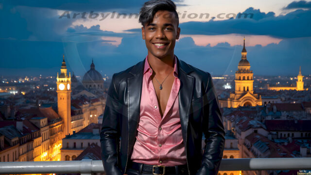The Beautiful Young Men of the Golden City, is a collection of AI generated images of sexy, glamorous, handsome guys in the heavens. In this fantasy photograph of a young men in their late teens and 20's, overlooking a large golden city in the heavens. Generated to be as realistic as possible, in this this fantasy setting, with todays technology. Wearing jeans, an unbuttoned, vibrant, long-sleeve, button down shirt. The subject is enjoying a beautiful day outdoors. The mystical, galactic landscape, and the vibrant cosmic canopies, every detail, from the texture of the clouds, to the magnificent, majestic gothic architecture of the golden city, is crafted to create an atmosphere of reverence and divine glory. With a breathtaking scene, offering warm golden hour lighting. The heavenly landscape evokes a sense of freedom and tranquility, that is expresses through his facial features and smile, as day turns to night. The heavenly landscape evokes a sense of mysterious black space and light, with a vast galaxy that almost covers the image, the stars and constellations sparkle bright, in dark blue sky.