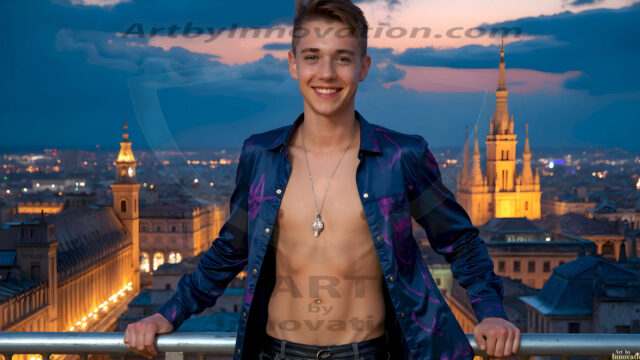 The Beautiful Young Men of the Golden City, is a collection of AI generated images of sexy, glamorous, handsome guys in the heavens. In this fantasy photograph of a young men in their late teens and 20's, overlooking a large golden city in the heavens. Generated to be as realistic as possible, in this this fantasy setting, with todays technology. Wearing jeans, an unbuttoned, vibrant, long-sleeve, button down shirt. The subject is enjoying a beautiful day outdoors. The mystical, galactic landscape, and the vibrant cosmic canopies, every detail, from the texture of the clouds, to the magnificent, majestic gothic architecture of the golden city, is crafted to create an atmosphere of reverence and divine glory. With a breathtaking scene, offering warm golden hour lighting. The heavenly landscape evokes a sense of freedom and tranquility, that is expresses through his facial features and smile, as day turns to night. The heavenly landscape evokes a sense of mysterious black space and light, with a vast galaxy that almost covers the image, the stars and constellations sparkle bright, in dark blue sky.