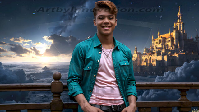 The Beautiful Young Men of the Golden City, is a collection of AI generated images of sexy, glamorous, handsome guys in the heavens. In this fantasy photograph of a young men in their late teens and 20's, overlooking a large golden city in the heavens. Generated to be as realistic as possible, in this this fantasy setting, with todays technology. Wearing jeans, an unbuttoned, vibrant, long-sleeve, button down shirt. The subject is enjoying a beautiful day outdoors. The mystical, galactic landscape, and the vibrant cosmic canopies, every detail, from the texture of the clouds, to the magnificent, majestic gothic architecture of the golden city, is crafted to create an atmosphere of reverence and divine glory. With a breathtaking scene, offering warm golden hour lighting. The heavenly landscape evokes a sense of freedom and tranquility, that is expresses through his facial features and smile, as day turns to night. The heavenly landscape evokes a sense of mysterious black space and light, with a vast galaxy that almost covers the image, the stars and constellations sparkle bright, in dark blue sky.