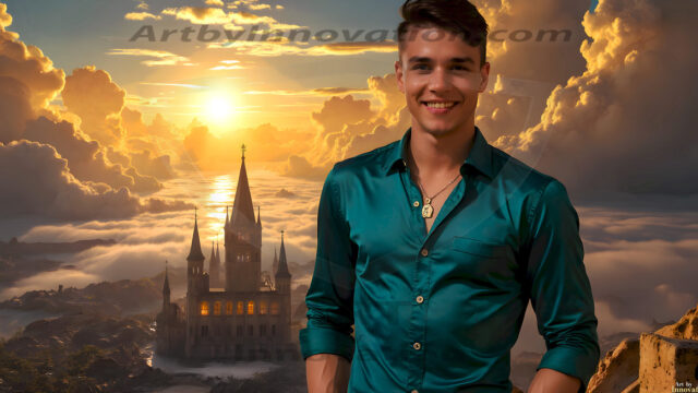 The Beautiful Young Men of the Golden City, is a collection of AI generated images of sexy, glamorous, handsome guys in the heavens. In this fantasy photograph of a young men in their late teens and 20's, overlooking a large golden city in the heavens. Generated to be as realistic as possible, in this this fantasy setting, with todays technology. Wearing jeans, an unbuttoned, vibrant, long-sleeve, button down shirt. The subject is enjoying a beautiful day outdoors. The mystical, galactic landscape, and the vibrant cosmic canopies, every detail, from the texture of the clouds, to the magnificent, majestic gothic architecture of the golden city, is crafted to create an atmosphere of reverence and divine glory. With a breathtaking scene, offering warm golden hour lighting. The heavenly landscape evokes a sense of freedom and tranquility, that is expresses through his facial features and smile, as day turns to night. The heavenly landscape evokes a sense of mysterious black space and light, with a vast galaxy that almost covers the image, the stars and constellations sparkle bright, in dark blue sky.