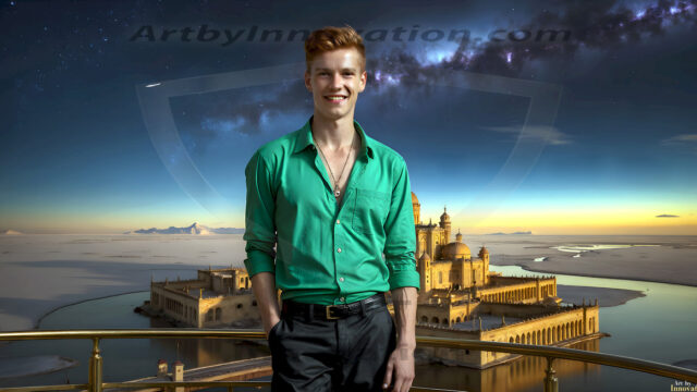 The Beautiful Young Men of the Golden City, is a collection of AI generated images of sexy, glamorous, handsome guys in the heavens. In this fantasy photograph of a young men in their late teens and 20's, overlooking a large golden city in the heavens. Generated to be as realistic as possible, in this this fantasy setting, with todays technology. Wearing jeans, an unbuttoned, vibrant, long-sleeve, button down shirt. The subject is enjoying a beautiful day outdoors. The mystical, galactic landscape, and the vibrant cosmic canopies, every detail, from the texture of the clouds, to the magnificent, majestic gothic architecture of the golden city, is crafted to create an atmosphere of reverence and divine glory. With a breathtaking scene, offering warm golden hour lighting. The heavenly landscape evokes a sense of freedom and tranquility, that is expresses through his facial features and smile, as day turns to night. The heavenly landscape evokes a sense of mysterious black space and light, with a vast galaxy that almost covers the image, the stars and constellations sparkle bright, in dark blue sky.
