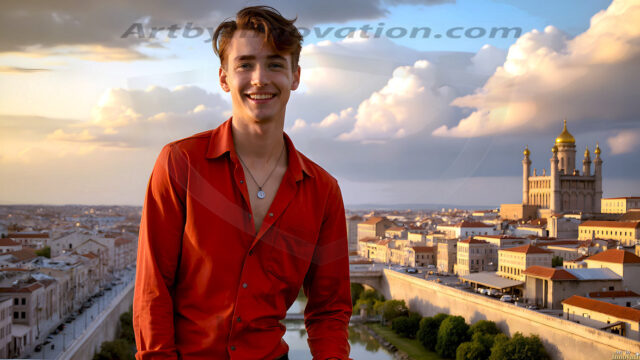The Beautiful Young Men of the Golden City, is a collection of AI generated images of sexy, glamorous, handsome guys in the heavens. In this fantasy photograph of a young men in their late teens and 20's, overlooking a large golden city in the heavens. Generated to be as realistic as possible, in this this fantasy setting, with todays technology. Wearing jeans, an unbuttoned, vibrant, long-sleeve, button down shirt. The subject is enjoying a beautiful day outdoors. The mystical, galactic landscape, and the vibrant cosmic canopies, every detail, from the texture of the clouds, to the magnificent, majestic gothic architecture of the golden city, is crafted to create an atmosphere of reverence and divine glory. With a breathtaking scene, offering warm golden hour lighting. The heavenly landscape evokes a sense of freedom and tranquility, that is expresses through his facial features and smile, as day turns to night. The heavenly landscape evokes a sense of mysterious black space and light, with a vast galaxy that almost covers the image, the stars and constellations sparkle bright, in dark blue sky.