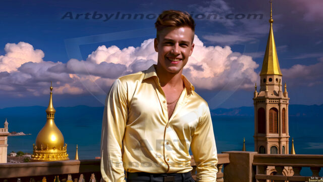 The Beautiful Young Men of the Golden City, is a collection of AI generated images of sexy, glamorous, handsome guys in the heavens. In this fantasy photograph of a young men in their late teens and 20's, overlooking a large golden city in the heavens. Generated to be as realistic as possible, in this this fantasy setting, with todays technology. Wearing jeans, an unbuttoned, vibrant, long-sleeve, button down shirt. The subject is enjoying a beautiful day outdoors. The mystical, galactic landscape, and the vibrant cosmic canopies, every detail, from the texture of the clouds, to the magnificent, majestic gothic architecture of the golden city, is crafted to create an atmosphere of reverence and divine glory. With a breathtaking scene, offering warm golden hour lighting. The heavenly landscape evokes a sense of freedom and tranquility, that is expresses through his facial features and smile, as day turns to night. The heavenly landscape evokes a sense of mysterious black space and light, with a vast galaxy that almost covers the image, the stars and constellations sparkle bright, in dark blue sky.