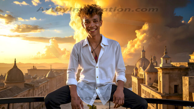 The Beautiful Young Men of the Golden City, is a collection of AI generated images of sexy, glamorous, handsome guys in the heavens. In this fantasy photograph of a young men in their late teens and 20's, overlooking a large golden city in the heavens. Generated to be as realistic as possible, in this this fantasy setting, with todays technology. Wearing jeans, an unbuttoned, vibrant, long-sleeve, button down shirt. The subject is enjoying a beautiful day outdoors. The mystical, galactic landscape, and the vibrant cosmic canopies, every detail, from the texture of the clouds, to the magnificent, majestic gothic architecture of the golden city, is crafted to create an atmosphere of reverence and divine glory. With a breathtaking scene, offering warm golden hour lighting. The heavenly landscape evokes a sense of freedom and tranquility, that is expresses through his facial features and smile, as day turns to night. The heavenly landscape evokes a sense of mysterious black space and light, with a vast galaxy that almost covers the image, the stars and constellations sparkle bright, in dark blue sky.