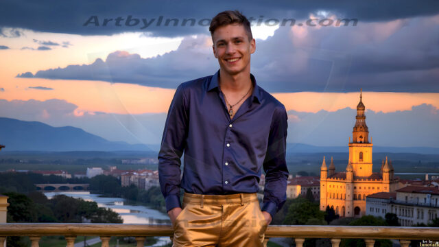 The Beautiful Young Men of the Golden City, is a collection of AI generated images of sexy, glamorous, handsome guys in the heavens. In this fantasy photograph of a young men in their late teens and 20's, overlooking a large golden city in the heavens. Generated to be as realistic as possible, in this this fantasy setting, with todays technology. Wearing jeans, an unbuttoned, vibrant, long-sleeve, button down shirt. The subject is enjoying a beautiful day outdoors. The mystical, galactic landscape, and the vibrant cosmic canopies, every detail, from the texture of the clouds, to the magnificent, majestic gothic architecture of the golden city, is crafted to create an atmosphere of reverence and divine glory. With a breathtaking scene, offering warm golden hour lighting. The heavenly landscape evokes a sense of freedom and tranquility, that is expresses through his facial features and smile, as day turns to night. The heavenly landscape evokes a sense of mysterious black space and light, with a vast galaxy that almost covers the image, the stars and constellations sparkle bright, in dark blue sky.
