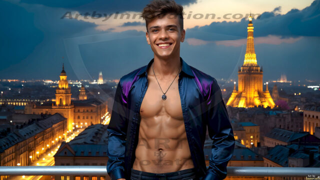 The Beautiful Young Men of the Golden City, is a collection of AI generated images of sexy, glamorous, handsome guys in the heavens. In this fantasy photograph of a young men in their late teens and 20's, overlooking a large golden city in the heavens. Generated to be as realistic as possible, in this this fantasy setting, with todays technology. Wearing jeans, an unbuttoned, vibrant, long-sleeve, button down shirt. The subject is enjoying a beautiful day outdoors. The mystical, galactic landscape, and the vibrant cosmic canopies, every detail, from the texture of the clouds, to the magnificent, majestic gothic architecture of the golden city, is crafted to create an atmosphere of reverence and divine glory. With a breathtaking scene, offering warm golden hour lighting. The heavenly landscape evokes a sense of freedom and tranquility, that is expresses through his facial features and smile, as day turns to night. The heavenly landscape evokes a sense of mysterious black space and light, with a vast galaxy that almost covers the image, the stars and constellations sparkle bright, in dark blue sky.