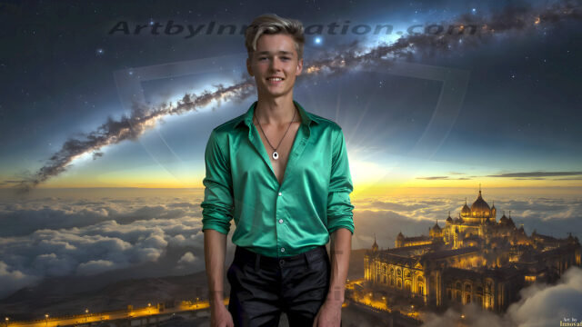 The Beautiful Young Men of the Golden City, is a collection of AI generated images of sexy, glamorous, handsome guys in the heavens. In this fantasy photograph of a young men in their late teens and 20's, overlooking a large golden city in the heavens. Generated to be as realistic as possible, in this this fantasy setting, with todays technology. Wearing jeans, an unbuttoned, vibrant, long-sleeve, button down shirt. The subject is enjoying a beautiful day outdoors. The mystical, galactic landscape, and the vibrant cosmic canopies, every detail, from the texture of the clouds, to the magnificent, majestic gothic architecture of the golden city, is crafted to create an atmosphere of reverence and divine glory. With a breathtaking scene, offering warm golden hour lighting. The heavenly landscape evokes a sense of freedom and tranquility, that is expresses through his facial features and smile, as day turns to night. The heavenly landscape evokes a sense of mysterious black space and light, with a vast galaxy that almost covers the image, the stars and constellations sparkle bright, in dark blue sky.