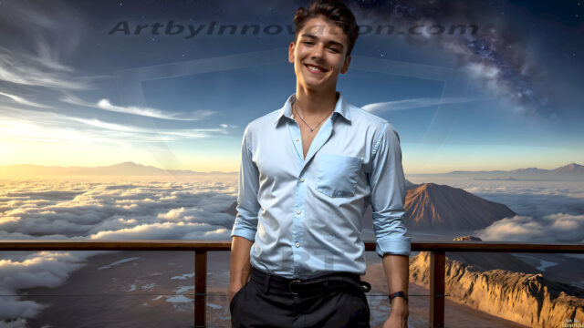 The Beautiful Young Men of the Golden City, is a collection of AI generated images of sexy, glamorous, handsome guys in the heavens. In this fantasy photograph of a young men in their late teens and 20's, overlooking a large golden city in the heavens. Generated to be as realistic as possible, in this this fantasy setting, with todays technology. Wearing jeans, an unbuttoned, vibrant, long-sleeve, button down shirt. The subject is enjoying a beautiful day outdoors. The mystical, galactic landscape, and the vibrant cosmic canopies, every detail, from the texture of the clouds, to the magnificent, majestic gothic architecture of the golden city, is crafted to create an atmosphere of reverence and divine glory. With a breathtaking scene, offering warm golden hour lighting. The heavenly landscape evokes a sense of freedom and tranquility, that is expresses through his facial features and smile, as day turns to night. The heavenly landscape evokes a sense of mysterious black space and light, with a vast galaxy that almost covers the image, the stars and constellations sparkle bright, in dark blue sky.