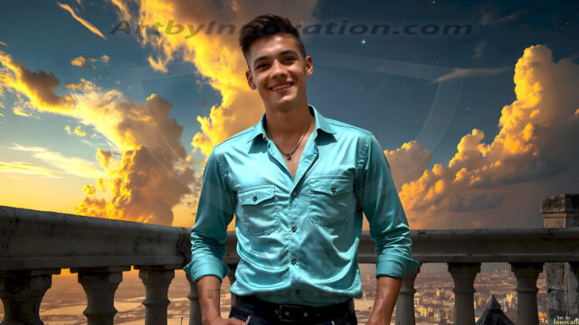 The Beautiful Young Men of the Golden City, is a collection of AI generated images of sexy, glamorous, handsome guys in the heavens. In this fantasy photograph of a young men in their late teens and 20's, overlooking a large golden city in the heavens. Generated to be as realistic as possible, in this this fantasy setting, with todays technology. Wearing jeans, an unbuttoned, vibrant, long-sleeve, button down shirt. The subject is enjoying a beautiful day outdoors. The mystical, galactic landscape, and the vibrant cosmic canopies, every detail, from the texture of the clouds, to the magnificent, majestic gothic architecture of the golden city, is crafted to create an atmosphere of reverence and divine glory. With a breathtaking scene, offering warm golden hour lighting. The heavenly landscape evokes a sense of freedom and tranquility, that is expresses through his facial features and smile, as day turns to night. The heavenly landscape evokes a sense of mysterious black space and light, with a vast galaxy that almost covers the image, the stars and constellations sparkle bright, in dark blue sky.