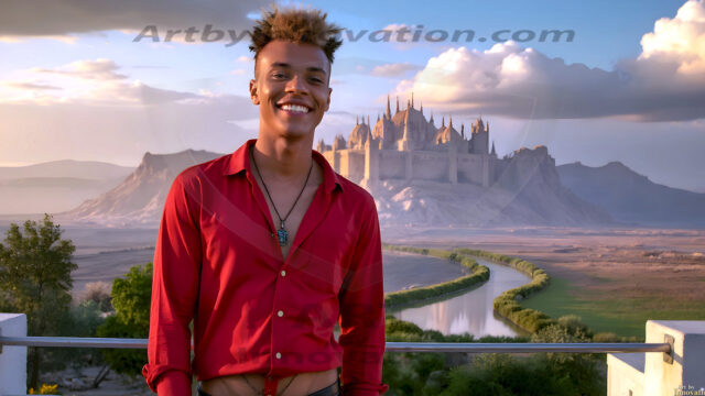 The Beautiful Young Men of the Golden City, is a collection of AI generated images of sexy, glamorous, handsome guys in the heavens. In this fantasy photograph of a young men in their late teens and 20's, overlooking a large golden city in the heavens. Generated to be as realistic as possible, in this this fantasy setting, with todays technology. Wearing jeans, an unbuttoned, vibrant, long-sleeve, button down shirt. The subject is enjoying a beautiful day outdoors. The mystical, galactic landscape, and the vibrant cosmic canopies, every detail, from the texture of the clouds, to the magnificent, majestic gothic architecture of the golden city, is crafted to create an atmosphere of reverence and divine glory. With a breathtaking scene, offering warm golden hour lighting. The heavenly landscape evokes a sense of freedom and tranquility, that is expresses through his facial features and smile, as day turns to night. The heavenly landscape evokes a sense of mysterious black space and light, with a vast galaxy that almost covers the image, the stars and constellations sparkle bright, in dark blue sky.