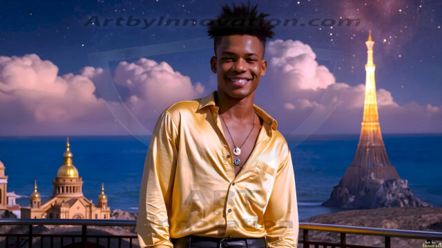 The Beautiful Young Men of the Golden City, is a collection of AI generated images of sexy, glamorous, handsome guys in the heavens. In this fantasy photograph of a young men in their late teens and 20's, overlooking a large golden city in the heavens. Generated to be as realistic as possible, in this this fantasy setting, with todays technology. Wearing jeans, an unbuttoned, vibrant, long-sleeve, button down shirt. The subject is enjoying a beautiful day outdoors. The mystical, galactic landscape, and the vibrant cosmic canopies, every detail, from the texture of the clouds, to the magnificent, majestic gothic architecture of the golden city, is crafted to create an atmosphere of reverence and divine glory. With a breathtaking scene, offering warm golden hour lighting. The heavenly landscape evokes a sense of freedom and tranquility, that is expresses through his facial features and smile, as day turns to night. The heavenly landscape evokes a sense of mysterious black space and light, with a vast galaxy that almost covers the image, the stars and constellations sparkle bright, in dark blue sky.