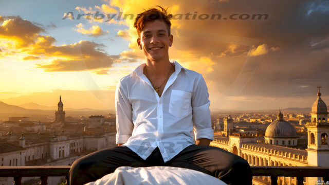 The Beautiful Young Men of the Golden City, is a collection of AI generated images of sexy, glamorous, handsome guys in the heavens. In this fantasy photograph of a young men in their late teens and 20's, overlooking a large golden city in the heavens. Generated to be as realistic as possible, in this this fantasy setting, with todays technology. Wearing jeans, an unbuttoned, vibrant, long-sleeve, button down shirt. The subject is enjoying a beautiful day outdoors. The mystical, galactic landscape, and the vibrant cosmic canopies, every detail, from the texture of the clouds, to the magnificent, majestic gothic architecture of the golden city, is crafted to create an atmosphere of reverence and divine glory. With a breathtaking scene, offering warm golden hour lighting. The heavenly landscape evokes a sense of freedom and tranquility, that is expresses through his facial features and smile, as day turns to night. The heavenly landscape evokes a sense of mysterious black space and light, with a vast galaxy that almost covers the image, the stars and constellations sparkle bright, in dark blue sky.