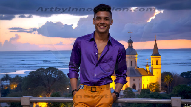 The Beautiful Young Men of the Golden City, is a collection of AI generated images of sexy, glamorous, handsome guys in the heavens. In this fantasy photograph of a young men in their late teens and 20's, overlooking a large golden city in the heavens. Generated to be as realistic as possible, in this this fantasy setting, with todays technology. Wearing jeans, an unbuttoned, vibrant, long-sleeve, button down shirt. The subject is enjoying a beautiful day outdoors. The mystical, galactic landscape, and the vibrant cosmic canopies, every detail, from the texture of the clouds, to the magnificent, majestic gothic architecture of the golden city, is crafted to create an atmosphere of reverence and divine glory. With a breathtaking scene, offering warm golden hour lighting. The heavenly landscape evokes a sense of freedom and tranquility, that is expresses through his facial features and smile, as day turns to night. The heavenly landscape evokes a sense of mysterious black space and light, with a vast galaxy that almost covers the image, the stars and constellations sparkle bright, in dark blue sky.