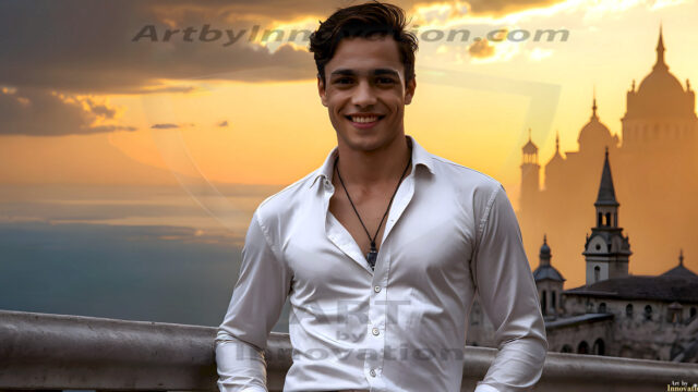 The Beautiful Young Men of the Golden City, is a collection of AI generated images of sexy, glamorous, handsome guys in the heavens. In this fantasy photograph of a young men in their late teens and 20's, overlooking a large golden city in the heavens. Generated to be as realistic as possible, in this this fantasy setting, with todays technology. Wearing jeans, an unbuttoned, vibrant, long-sleeve, button down shirt. The subject is enjoying a beautiful day outdoors. The mystical, galactic landscape, and the vibrant cosmic canopies, every detail, from the texture of the clouds, to the magnificent, majestic gothic architecture of the golden city, is crafted to create an atmosphere of reverence and divine glory. With a breathtaking scene, offering warm golden hour lighting. The heavenly landscape evokes a sense of freedom and tranquility, that is expresses through his facial features and smile, as day turns to night. The heavenly landscape evokes a sense of mysterious black space and light, with a vast galaxy that almost covers the image, the stars and constellations sparkle bright, in dark blue sky.