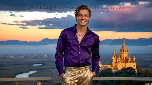 The Beautiful Young Men of the Golden City, is a collection of AI generated images of sexy, glamorous, handsome guys in the heavens. In this fantasy photograph of a young men in their late teens and 20's, overlooking a large golden city in the heavens. Generated to be as realistic as possible, in this this fantasy setting, with todays technology. Wearing jeans, an unbuttoned, vibrant, long-sleeve, button down shirt. The subject is enjoying a beautiful day outdoors. The mystical, galactic landscape, and the vibrant cosmic canopies, every detail, from the texture of the clouds, to the magnificent, majestic gothic architecture of the golden city, is crafted to create an atmosphere of reverence and divine glory. With a breathtaking scene, offering warm golden hour lighting. The heavenly landscape evokes a sense of freedom and tranquility, that is expresses through his facial features and smile, as day turns to night. The heavenly landscape evokes a sense of mysterious black space and light, with a vast galaxy that almost covers the image, the stars and constellations sparkle bright, in dark blue sky.