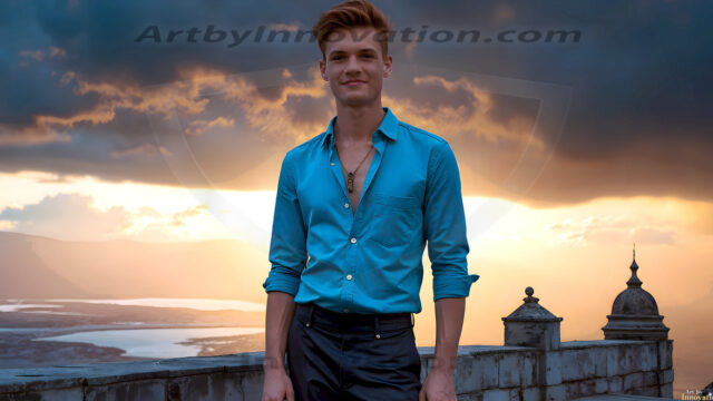 The Beautiful Young Men of the Golden City, is a collection of AI generated images of sexy, glamorous, handsome guys in the heavens. In this fantasy photograph of a young men in their late teens and 20's, overlooking a large golden city in the heavens. Generated to be as realistic as possible, in this this fantasy setting, with todays technology. Wearing jeans, an unbuttoned, vibrant, long-sleeve, button down shirt. The subject is enjoying a beautiful day outdoors. The mystical, galactic landscape, and the vibrant cosmic canopies, every detail, from the texture of the clouds, to the magnificent, majestic gothic architecture of the golden city, is crafted to create an atmosphere of reverence and divine glory. With a breathtaking scene, offering warm golden hour lighting. The heavenly landscape evokes a sense of freedom and tranquility, that is expresses through his facial features and smile, as day turns to night. The heavenly landscape evokes a sense of mysterious black space and light, with a vast galaxy that almost covers the image, the stars and constellations sparkle bright, in dark blue sky.
