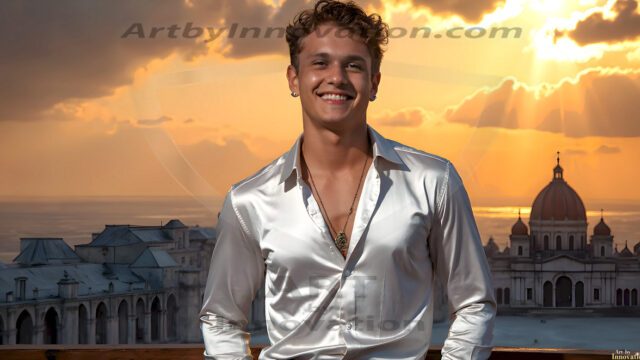 The Beautiful Young Men of the Golden City, is a collection of AI generated images of sexy, glamorous, handsome guys in the heavens. In this fantasy photograph of a young men in their late teens and 20's, overlooking a large golden city in the heavens. Generated to be as realistic as possible, in this this fantasy setting, with todays technology. Wearing jeans, an unbuttoned, vibrant, long-sleeve, button down shirt. The subject is enjoying a beautiful day outdoors. The mystical, galactic landscape, and the vibrant cosmic canopies, every detail, from the texture of the clouds, to the magnificent, majestic gothic architecture of the golden city, is crafted to create an atmosphere of reverence and divine glory. With a breathtaking scene, offering warm golden hour lighting. The heavenly landscape evokes a sense of freedom and tranquility, that is expresses through his facial features and smile, as day turns to night. The heavenly landscape evokes a sense of mysterious black space and light, with a vast galaxy that almost covers the image, the stars and constellations sparkle bright, in dark blue sky.