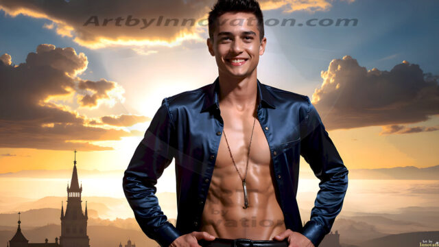 The Beautiful Young Men of the Golden City, is a collection of AI generated images of sexy, glamorous, handsome guys in the heavens. In this fantasy photograph of a young men in their late teens and 20's, overlooking a large golden city in the heavens. Generated to be as realistic as possible, in this this fantasy setting, with todays technology. Wearing jeans, an unbuttoned, vibrant, long-sleeve, button down shirt. The subject is enjoying a beautiful day outdoors. The mystical, galactic landscape, and the vibrant cosmic canopies, every detail, from the texture of the clouds, to the magnificent, majestic gothic architecture of the golden city, is crafted to create an atmosphere of reverence and divine glory. With a breathtaking scene, offering warm golden hour lighting. The heavenly landscape evokes a sense of freedom and tranquility, that is expresses through his facial features and smile, as day turns to night. The heavenly landscape evokes a sense of mysterious black space and light, with a vast galaxy that almost covers the image, the stars and constellations sparkle bright, in dark blue sky.