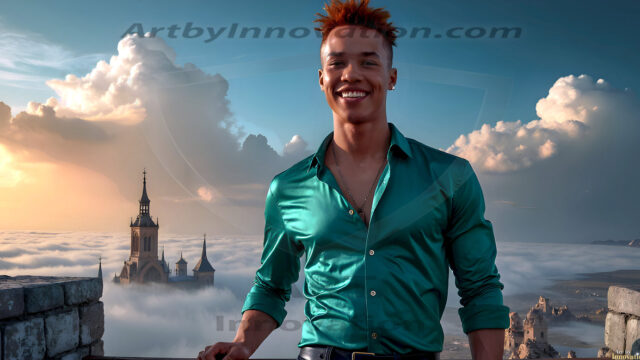 The Beautiful Young Men of the Golden City, is a collection of AI generated images of sexy, glamorous, handsome guys in the heavens. In this fantasy photograph of a young men in their late teens and 20's, overlooking a large golden city in the heavens. Generated to be as realistic as possible, in this this fantasy setting, with todays technology. Wearing jeans, an unbuttoned, vibrant, long-sleeve, button down shirt. The subject is enjoying a beautiful day outdoors. The mystical, galactic landscape, and the vibrant cosmic canopies, every detail, from the texture of the clouds, to the magnificent, majestic gothic architecture of the golden city, is crafted to create an atmosphere of reverence and divine glory. With a breathtaking scene, offering warm golden hour lighting. The heavenly landscape evokes a sense of freedom and tranquility, that is expresses through his facial features and smile, as day turns to night. The heavenly landscape evokes a sense of mysterious black space and light, with a vast galaxy that almost covers the image, the stars and constellations sparkle bright, in dark blue sky.