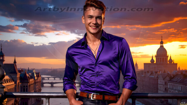 The Beautiful Young Men of the Golden City, is a collection of AI generated images of sexy, glamorous, handsome guys in the heavens. In this fantasy photograph of a young men in their late teens and 20's, overlooking a large golden city in the heavens. Generated to be as realistic as possible, in this this fantasy setting, with todays technology. Wearing jeans, an unbuttoned, vibrant, long-sleeve, button down shirt. The subject is enjoying a beautiful day outdoors. The mystical, galactic landscape, and the vibrant cosmic canopies, every detail, from the texture of the clouds, to the magnificent, majestic gothic architecture of the golden city, is crafted to create an atmosphere of reverence and divine glory. With a breathtaking scene, offering warm golden hour lighting. The heavenly landscape evokes a sense of freedom and tranquility, that is expresses through his facial features and smile, as day turns to night. The heavenly landscape evokes a sense of mysterious black space and light, with a vast galaxy that almost covers the image, the stars and constellations sparkle bright, in dark blue sky.