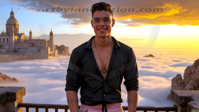 The Beautiful Young Men of the Golden City, is a collection of AI generated images of sexy, glamorous, handsome guys in the heavens. In this fantasy photograph of a young men in their late teens and 20's, overlooking a large golden city in the heavens. Generated to be as realistic as possible, in this this fantasy setting, with todays technology. Wearing jeans, an unbuttoned, vibrant, long-sleeve, button down shirt. The subject is enjoying a beautiful day outdoors. The mystical, galactic landscape, and the vibrant cosmic canopies, every detail, from the texture of the clouds, to the magnificent, majestic gothic architecture of the golden city, is crafted to create an atmosphere of reverence and divine glory. With a breathtaking scene, offering warm golden hour lighting. The heavenly landscape evokes a sense of freedom and tranquility, that is expresses through his facial features and smile, as day turns to night. The heavenly landscape evokes a sense of mysterious black space and light, with a vast galaxy that almost covers the image, the stars and constellations sparkle bright, in dark blue sky.