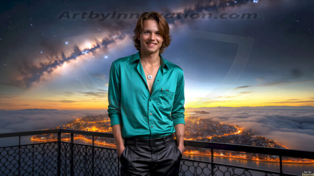The Beautiful Young Men of the Golden City, is a collection of AI generated images of sexy, glamorous, handsome guys in the heavens. In this fantasy photograph of a young men in their late teens and 20's, overlooking a large golden city in the heavens. Generated to be as realistic as possible, in this this fantasy setting, with todays technology. Wearing jeans, an unbuttoned, vibrant, long-sleeve, button down shirt. The subject is enjoying a beautiful day outdoors. The mystical, galactic landscape, and the vibrant cosmic canopies, every detail, from the texture of the clouds, to the magnificent, majestic gothic architecture of the golden city, is crafted to create an atmosphere of reverence and divine glory. With a breathtaking scene, offering warm golden hour lighting. The heavenly landscape evokes a sense of freedom and tranquility, that is expresses through his facial features and smile, as day turns to night. The heavenly landscape evokes a sense of mysterious black space and light, with a vast galaxy that almost covers the image, the stars and constellations sparkle bright, in dark blue sky.
