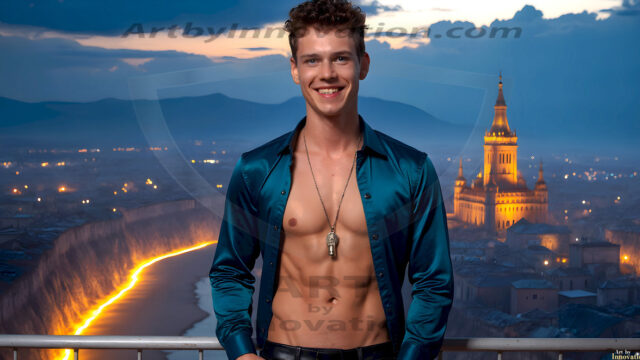 The Beautiful Young Men of the Golden City, is a collection of AI generated images of sexy, glamorous, handsome guys in the heavens. In this fantasy photograph of a young men in their late teens and 20's, overlooking a large golden city in the heavens. Generated to be as realistic as possible, in this this fantasy setting, with todays technology. Wearing jeans, an unbuttoned, vibrant, long-sleeve, button down shirt. The subject is enjoying a beautiful day outdoors. The mystical, galactic landscape, and the vibrant cosmic canopies, every detail, from the texture of the clouds, to the magnificent, majestic gothic architecture of the golden city, is crafted to create an atmosphere of reverence and divine glory. With a breathtaking scene, offering warm golden hour lighting. The heavenly landscape evokes a sense of freedom and tranquility, that is expresses through his facial features and smile, as day turns to night. The heavenly landscape evokes a sense of mysterious black space and light, with a vast galaxy that almost covers the image, the stars and constellations sparkle bright, in dark blue sky.