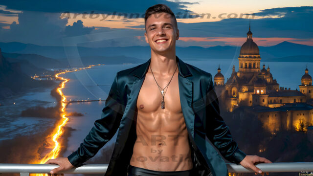 The Beautiful Young Men of the Golden City, is a collection of AI generated images of sexy, glamorous, handsome guys in the heavens. In this fantasy photograph of a young men in their late teens and 20's, overlooking a large golden city in the heavens. Generated to be as realistic as possible, in this this fantasy setting, with todays technology. Wearing jeans, an unbuttoned, vibrant, long-sleeve, button down shirt. The subject is enjoying a beautiful day outdoors. The mystical, galactic landscape, and the vibrant cosmic canopies, every detail, from the texture of the clouds, to the magnificent, majestic gothic architecture of the golden city, is crafted to create an atmosphere of reverence and divine glory. With a breathtaking scene, offering warm golden hour lighting. The heavenly landscape evokes a sense of freedom and tranquility, that is expresses through his facial features and smile, as day turns to night. The heavenly landscape evokes a sense of mysterious black space and light, with a vast galaxy that almost covers the image, the stars and constellations sparkle bright, in dark blue sky.