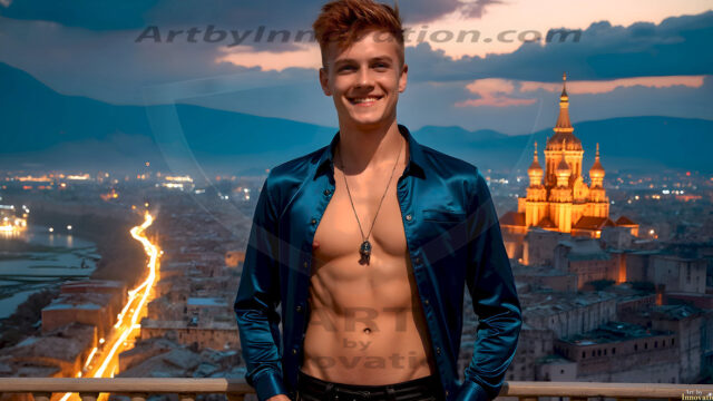 The Beautiful Young Men of the Golden City, is a collection of AI generated images of sexy, glamorous, handsome guys in the heavens. In this fantasy photograph of a young men in their late teens and 20's, overlooking a large golden city in the heavens. Generated to be as realistic as possible, in this this fantasy setting, with todays technology. Wearing jeans, an unbuttoned, vibrant, long-sleeve, button down shirt. The subject is enjoying a beautiful day outdoors. The mystical, galactic landscape, and the vibrant cosmic canopies, every detail, from the texture of the clouds, to the magnificent, majestic gothic architecture of the golden city, is crafted to create an atmosphere of reverence and divine glory. With a breathtaking scene, offering warm golden hour lighting. The heavenly landscape evokes a sense of freedom and tranquility, that is expresses through his facial features and smile, as day turns to night. The heavenly landscape evokes a sense of mysterious black space and light, with a vast galaxy that almost covers the image, the stars and constellations sparkle bright, in dark blue sky.