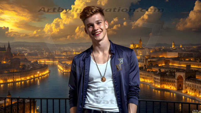 The Beautiful Young Men of the Golden City, is a collection of AI generated images of sexy, glamorous, handsome guys in the heavens. In this fantasy photograph of a young men in their late teens and 20's, overlooking a large golden city in the heavens. Generated to be as realistic as possible, in this this fantasy setting, with todays technology. Wearing jeans, an unbuttoned, vibrant, long-sleeve, button down shirt. The subject is enjoying a beautiful day outdoors. The mystical, galactic landscape, and the vibrant cosmic canopies, every detail, from the texture of the clouds, to the magnificent, majestic gothic architecture of the golden city, is crafted to create an atmosphere of reverence and divine glory. With a breathtaking scene, offering warm golden hour lighting. The heavenly landscape evokes a sense of freedom and tranquility, that is expresses through his facial features and smile, as day turns to night. The heavenly landscape evokes a sense of mysterious black space and light, with a vast galaxy that almost covers the image, the stars and constellations sparkle bright, in dark blue sky.