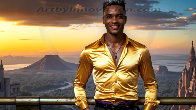 The Beautiful Young Men of the Golden City, is a collection of AI generated images of sexy, glamorous, handsome guys in the heavens. In this fantasy photograph of a young men in their late teens and 20's, overlooking a large golden city in the heavens. Generated to be as realistic as possible, in this this fantasy setting, with todays technology. Wearing jeans, an unbuttoned, vibrant, long-sleeve, button down shirt. The subject is enjoying a beautiful day outdoors. The mystical, galactic landscape, and the vibrant cosmic canopies, every detail, from the texture of the clouds, to the magnificent, majestic gothic architecture of the golden city, is crafted to create an atmosphere of reverence and divine glory. With a breathtaking scene, offering warm golden hour lighting. The heavenly landscape evokes a sense of freedom and tranquility, that is expresses through his facial features and smile, as day turns to night. The heavenly landscape evokes a sense of mysterious black space and light, with a vast galaxy that almost covers the image, the stars and constellations sparkle bright, in dark blue sky.