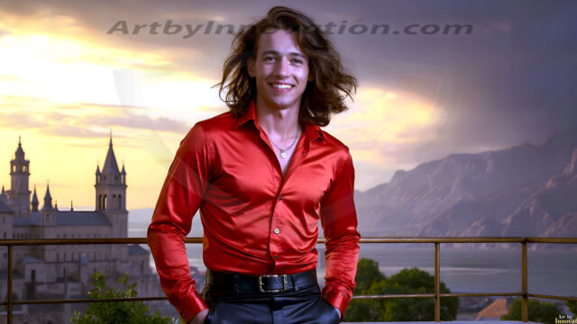 The Beautiful Young Men of the Golden City, is a collection of AI generated images of sexy, glamorous, handsome guys in the heavens. In this fantasy photograph of a young men in their late teens and 20's, overlooking a large golden city in the heavens. Generated to be as realistic as possible, in this this fantasy setting, with todays technology. Wearing jeans, an unbuttoned, vibrant, long-sleeve, button down shirt. The subject is enjoying a beautiful day outdoors. The mystical, galactic landscape, and the vibrant cosmic canopies, every detail, from the texture of the clouds, to the magnificent, majestic gothic architecture of the golden city, is crafted to create an atmosphere of reverence and divine glory. With a breathtaking scene, offering warm golden hour lighting. The heavenly landscape evokes a sense of freedom and tranquility, that is expresses through his facial features and smile, as day turns to night. The heavenly landscape evokes a sense of mysterious black space and light, with a vast galaxy that almost covers the image, the stars and constellations sparkle bright, in dark blue sky.