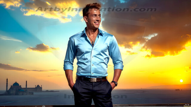 The Beautiful Young Men of the Golden City, is a collection of AI generated images of sexy, glamorous, handsome guys in the heavens. In this fantasy photograph of a young men in their late teens and 20's, overlooking a large golden city in the heavens. Generated to be as realistic as possible, in this this fantasy setting, with todays technology. Wearing jeans, an unbuttoned, vibrant, long-sleeve, button down shirt. The subject is enjoying a beautiful day outdoors. The mystical, galactic landscape, and the vibrant cosmic canopies, every detail, from the texture of the clouds, to the magnificent, majestic gothic architecture of the golden city, is crafted to create an atmosphere of reverence and divine glory. With a breathtaking scene, offering warm golden hour lighting. The heavenly landscape evokes a sense of freedom and tranquility, that is expresses through his facial features and smile, as day turns to night. The heavenly landscape evokes a sense of mysterious black space and light, with a vast galaxy that almost covers the image, the stars and constellations sparkle bright, in dark blue sky.
