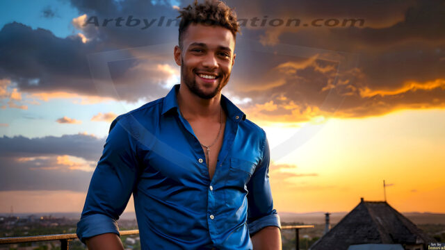 The Beautiful Young Men of the Golden City, is a collection of AI generated images of sexy, glamorous, handsome guys in the heavens. In this fantasy photograph of a young men in their late teens and 20's, overlooking a large golden city in the heavens. Generated to be as realistic as possible, in this this fantasy setting, with todays technology. Wearing jeans, an unbuttoned, vibrant, long-sleeve, button down shirt. The subject is enjoying a beautiful day outdoors. The mystical, galactic landscape, and the vibrant cosmic canopies, every detail, from the texture of the clouds, to the magnificent, majestic gothic architecture of the golden city, is crafted to create an atmosphere of reverence and divine glory. With a breathtaking scene, offering warm golden hour lighting. The heavenly landscape evokes a sense of freedom and tranquility, that is expresses through his facial features and smile, as day turns to night. The heavenly landscape evokes a sense of mysterious black space and light, with a vast galaxy that almost covers the image, the stars and constellations sparkle bright, in dark blue sky.