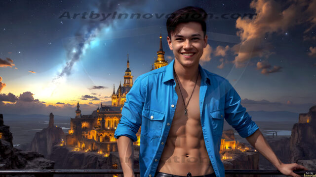 The Beautiful Young Men of the Golden City, is a collection of AI generated images of sexy, glamorous, handsome guys in the heavens. In this fantasy photograph of a young men in their late teens and 20's, overlooking a large golden city in the heavens. Generated to be as realistic as possible, in this this fantasy setting, with todays technology. Wearing jeans, an unbuttoned, vibrant, long-sleeve, button down shirt. The subject is enjoying a beautiful day outdoors. The mystical, galactic landscape, and the vibrant cosmic canopies, every detail, from the texture of the clouds, to the magnificent, majestic gothic architecture of the golden city, is crafted to create an atmosphere of reverence and divine glory. With a breathtaking scene, offering warm golden hour lighting. The heavenly landscape evokes a sense of freedom and tranquility, that is expresses through his facial features and smile, as day turns to night. The heavenly landscape evokes a sense of mysterious black space and light, with a vast galaxy that almost covers the image, the stars and constellations sparkle bright, in dark blue sky.