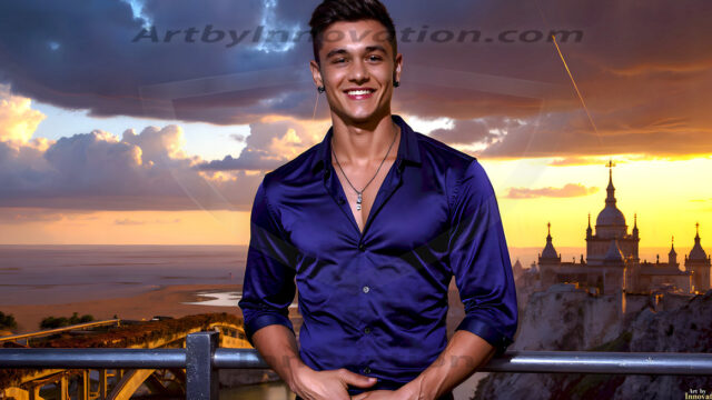 The Beautiful Young Men of the Golden City, is a collection of AI generated images of sexy, glamorous, handsome guys in the heavens. In this fantasy photograph of a young men in their late teens and 20's, overlooking a large golden city in the heavens. Generated to be as realistic as possible, in this this fantasy setting, with todays technology. Wearing jeans, an unbuttoned, vibrant, long-sleeve, button down shirt. The subject is enjoying a beautiful day outdoors. The mystical, galactic landscape, and the vibrant cosmic canopies, every detail, from the texture of the clouds, to the magnificent, majestic gothic architecture of the golden city, is crafted to create an atmosphere of reverence and divine glory. With a breathtaking scene, offering warm golden hour lighting. The heavenly landscape evokes a sense of freedom and tranquility, that is expresses through his facial features and smile, as day turns to night. The heavenly landscape evokes a sense of mysterious black space and light, with a vast galaxy that almost covers the image, the stars and constellations sparkle bright, in dark blue sky.