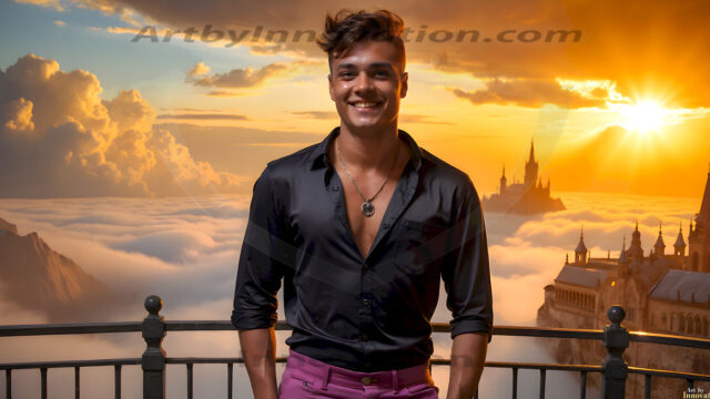 The Beautiful Young Men of the Golden City, is a collection of AI generated images of sexy, glamorous, handsome guys in the heavens. In this fantasy photograph of a young men in their late teens and 20's, overlooking a large golden city in the heavens. Generated to be as realistic as possible, in this this fantasy setting, with todays technology. Wearing jeans, an unbuttoned, vibrant, long-sleeve, button down shirt. The subject is enjoying a beautiful day outdoors. The mystical, galactic landscape, and the vibrant cosmic canopies, every detail, from the texture of the clouds, to the magnificent, majestic gothic architecture of the golden city, is crafted to create an atmosphere of reverence and divine glory. With a breathtaking scene, offering warm golden hour lighting. The heavenly landscape evokes a sense of freedom and tranquility, that is expresses through his facial features and smile, as day turns to night. The heavenly landscape evokes a sense of mysterious black space and light, with a vast galaxy that almost covers the image, the stars and constellations sparkle bright, in dark blue sky.
