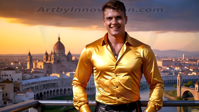 The Beautiful Young Men of the Golden City, is a collection of AI generated images of sexy, glamorous, handsome guys in the heavens. In this fantasy photograph of a young men in their late teens and 20's, overlooking a large golden city in the heavens. Generated to be as realistic as possible, in this this fantasy setting, with todays technology. Wearing jeans, an unbuttoned, vibrant, long-sleeve, button down shirt. The subject is enjoying a beautiful day outdoors. The mystical, galactic landscape, and the vibrant cosmic canopies, every detail, from the texture of the clouds, to the magnificent, majestic gothic architecture of the golden city, is crafted to create an atmosphere of reverence and divine glory. With a breathtaking scene, offering warm golden hour lighting. The heavenly landscape evokes a sense of freedom and tranquility, that is expresses through his facial features and smile, as day turns to night. The heavenly landscape evokes a sense of mysterious black space and light, with a vast galaxy that almost covers the image, the stars and constellations sparkle bright, in dark blue sky.