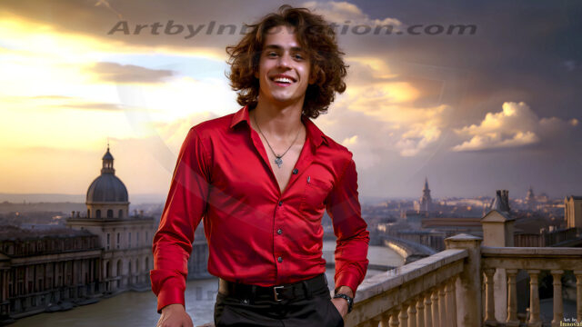 The Beautiful Young Men of the Golden City, is a collection of AI generated images of sexy, glamorous, handsome guys in the heavens. In this fantasy photograph of a young men in their late teens and 20's, overlooking a large golden city in the heavens. Generated to be as realistic as possible, in this this fantasy setting, with todays technology. Wearing jeans, an unbuttoned, vibrant, long-sleeve, button down shirt. The subject is enjoying a beautiful day outdoors. The mystical, galactic landscape, and the vibrant cosmic canopies, every detail, from the texture of the clouds, to the magnificent, majestic gothic architecture of the golden city, is crafted to create an atmosphere of reverence and divine glory. With a breathtaking scene, offering warm golden hour lighting. The heavenly landscape evokes a sense of freedom and tranquility, that is expresses through his facial features and smile, as day turns to night. The heavenly landscape evokes a sense of mysterious black space and light, with a vast galaxy that almost covers the image, the stars and constellations sparkle bright, in dark blue sky.