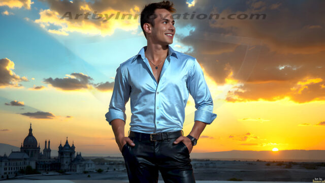 The Beautiful Young Men of the Golden City, is a collection of AI generated images of sexy, glamorous, handsome guys in the heavens. In this fantasy photograph of a young men in their late teens and 20's, overlooking a large golden city in the heavens. Generated to be as realistic as possible, in this this fantasy setting, with todays technology. Wearing jeans, an unbuttoned, vibrant, long-sleeve, button down shirt. The subject is enjoying a beautiful day outdoors. The mystical, galactic landscape, and the vibrant cosmic canopies, every detail, from the texture of the clouds, to the magnificent, majestic gothic architecture of the golden city, is crafted to create an atmosphere of reverence and divine glory. With a breathtaking scene, offering warm golden hour lighting. The heavenly landscape evokes a sense of freedom and tranquility, that is expresses through his facial features and smile, as day turns to night. The heavenly landscape evokes a sense of mysterious black space and light, with a vast galaxy that almost covers the image, the stars and constellations sparkle bright, in dark blue sky.