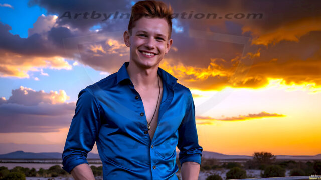 The Beautiful Young Men of the Golden City, is a collection of AI generated images of sexy, glamorous, handsome guys in the heavens. In this fantasy photograph of a young men in their late teens and 20's, overlooking a large golden city in the heavens. Generated to be as realistic as possible, in this this fantasy setting, with todays technology. Wearing jeans, an unbuttoned, vibrant, long-sleeve, button down shirt. The subject is enjoying a beautiful day outdoors. The mystical, galactic landscape, and the vibrant cosmic canopies, every detail, from the texture of the clouds, to the magnificent, majestic gothic architecture of the golden city, is crafted to create an atmosphere of reverence and divine glory. With a breathtaking scene, offering warm golden hour lighting. The heavenly landscape evokes a sense of freedom and tranquility, that is expresses through his facial features and smile, as day turns to night. The heavenly landscape evokes a sense of mysterious black space and light, with a vast galaxy that almost covers the image, the stars and constellations sparkle bright, in dark blue sky.