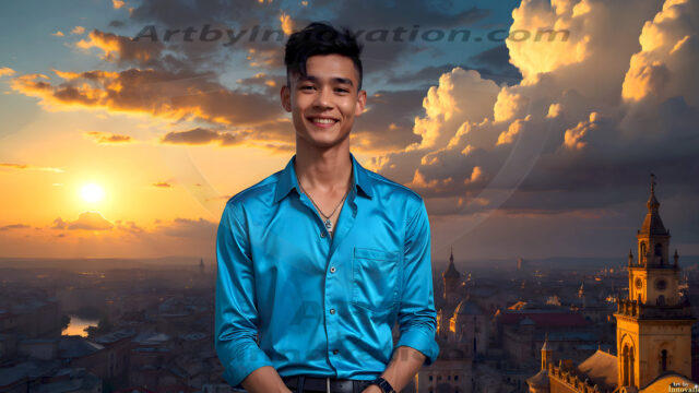 The Beautiful Young Men of the Golden City, is a collection of AI generated images of sexy, glamorous, handsome guys in the heavens. In this fantasy photograph of a young men in their late teens and 20's, overlooking a large golden city in the heavens. Generated to be as realistic as possible, in this this fantasy setting, with todays technology. Wearing jeans, an unbuttoned, vibrant, long-sleeve, button down shirt. The subject is enjoying a beautiful day outdoors. The mystical, galactic landscape, and the vibrant cosmic canopies, every detail, from the texture of the clouds, to the magnificent, majestic gothic architecture of the golden city, is crafted to create an atmosphere of reverence and divine glory. With a breathtaking scene, offering warm golden hour lighting. The heavenly landscape evokes a sense of freedom and tranquility, that is expresses through his facial features and smile, as day turns to night. The heavenly landscape evokes a sense of mysterious black space and light, with a vast galaxy that almost covers the image, the stars and constellations sparkle bright, in dark blue sky.