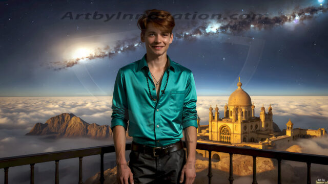 The Beautiful Young Men of the Golden City, is a collection of AI generated images of sexy, glamorous, handsome guys in the heavens. In this fantasy photograph of a young men in their late teens and 20's, overlooking a large golden city in the heavens. Generated to be as realistic as possible, in this this fantasy setting, with todays technology. Wearing jeans, an unbuttoned, vibrant, long-sleeve, button down shirt. The subject is enjoying a beautiful day outdoors. The mystical, galactic landscape, and the vibrant cosmic canopies, every detail, from the texture of the clouds, to the magnificent, majestic gothic architecture of the golden city, is crafted to create an atmosphere of reverence and divine glory. With a breathtaking scene, offering warm golden hour lighting. The heavenly landscape evokes a sense of freedom and tranquility, that is expresses through his facial features and smile, as day turns to night. The heavenly landscape evokes a sense of mysterious black space and light, with a vast galaxy that almost covers the image, the stars and constellations sparkle bright, in dark blue sky.