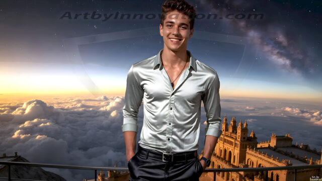 The Beautiful Young Men of the Golden City, is a collection of AI generated images of sexy, glamorous, handsome guys in the heavens. In this fantasy photograph of a young men in their late teens and 20's, overlooking a large golden city in the heavens. Generated to be as realistic as possible, in this this fantasy setting, with todays technology. Wearing jeans, an unbuttoned, vibrant, long-sleeve, button down shirt. The subject is enjoying a beautiful day outdoors. The mystical, galactic landscape, and the vibrant cosmic canopies, every detail, from the texture of the clouds, to the magnificent, majestic gothic architecture of the golden city, is crafted to create an atmosphere of reverence and divine glory. With a breathtaking scene, offering warm golden hour lighting. The heavenly landscape evokes a sense of freedom and tranquility, that is expresses through his facial features and smile, as day turns to night. The heavenly landscape evokes a sense of mysterious black space and light, with a vast galaxy that almost covers the image, the stars and constellations sparkle bright, in dark blue sky.