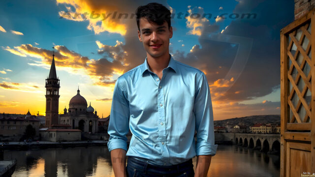 The Beautiful Young Men of the Golden City, is a collection of AI generated images of sexy, glamorous, handsome guys in the heavens. In this fantasy photograph of a young men in their late teens and 20's, overlooking a large golden city in the heavens. Generated to be as realistic as possible, in this this fantasy setting, with todays technology. Wearing jeans, an unbuttoned, vibrant, long-sleeve, button down shirt. The subject is enjoying a beautiful day outdoors. The mystical, galactic landscape, and the vibrant cosmic canopies, every detail, from the texture of the clouds, to the magnificent, majestic gothic architecture of the golden city, is crafted to create an atmosphere of reverence and divine glory. With a breathtaking scene, offering warm golden hour lighting. The heavenly landscape evokes a sense of freedom and tranquility, that is expresses through his facial features and smile, as day turns to night. The heavenly landscape evokes a sense of mysterious black space and light, with a vast galaxy that almost covers the image, the stars and constellations sparkle bright, in dark blue sky.