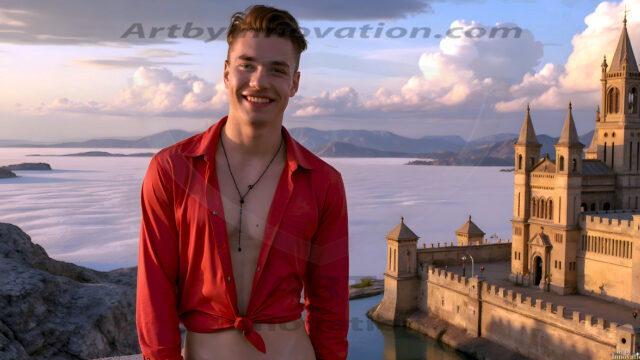The Beautiful Young Men of the Golden City, is a collection of AI generated images of sexy, glamorous, handsome guys in the heavens. In this fantasy photograph of a young men in their late teens and 20's, overlooking a large golden city in the heavens. Generated to be as realistic as possible, in this this fantasy setting, with todays technology. Wearing jeans, an unbuttoned, vibrant, long-sleeve, button down shirt. The subject is enjoying a beautiful day outdoors. The mystical, galactic landscape, and the vibrant cosmic canopies, every detail, from the texture of the clouds, to the magnificent, majestic gothic architecture of the golden city, is crafted to create an atmosphere of reverence and divine glory. With a breathtaking scene, offering warm golden hour lighting. The heavenly landscape evokes a sense of freedom and tranquility, that is expresses through his facial features and smile, as day turns to night. The heavenly landscape evokes a sense of mysterious black space and light, with a vast galaxy that almost covers the image, the stars and constellations sparkle bright, in dark blue sky.